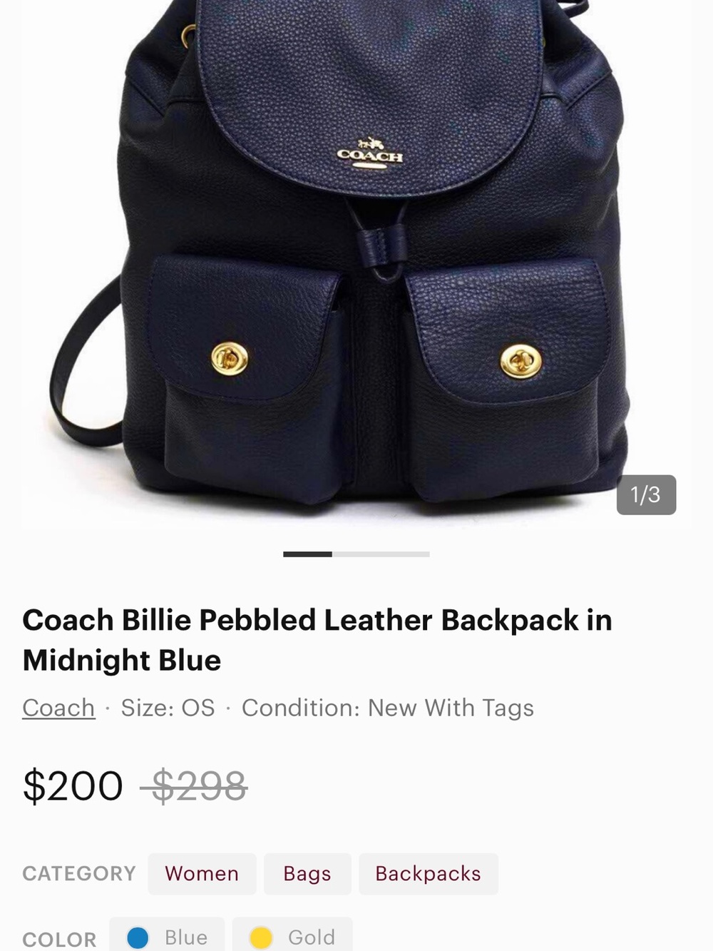 Coach Pebbled Leather Backpack in Navy with Gold Hardware